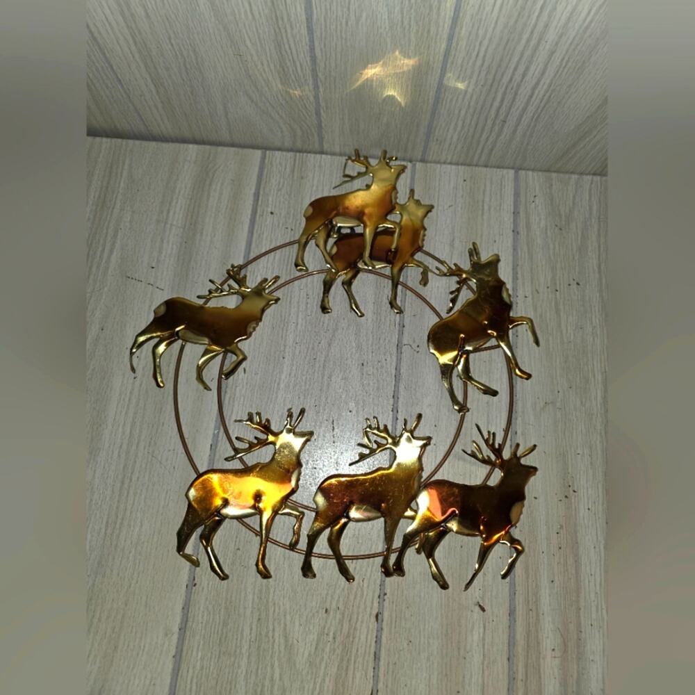 Vtg Brass Gold Reindeer/Elk Wreath Wall Decor Home Interior Hollywood Regency